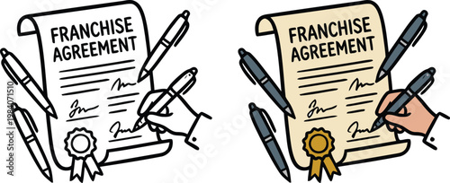 Vector doodle illustration of a franchise agreement contract being signed with a pen, featuring an official seal and legal document design, isolated on a clear transparent background.