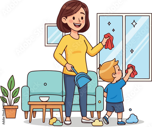 Mother and child cleaning together at home.