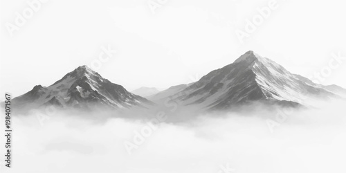 A breathtaking winter landscape of snow-covered mountain peaks rises into a cold sky filled with clouds above a jagged rock glacier in the high Kamchatka wilderness