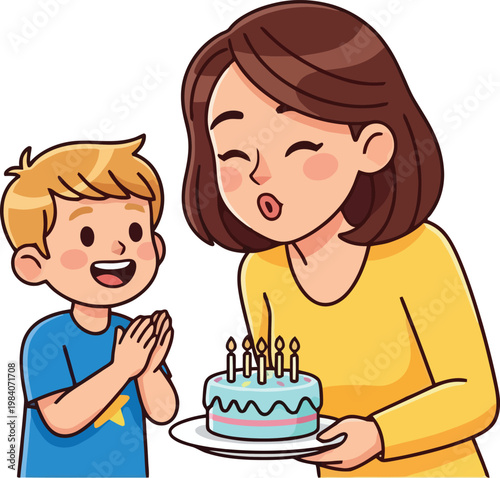 Happy birthday celebration with mother and son.