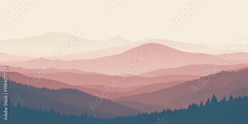 A misty morning sun rises over a vast mountain landscape, where dense fog and light clouds drift through the forest valley at dawn