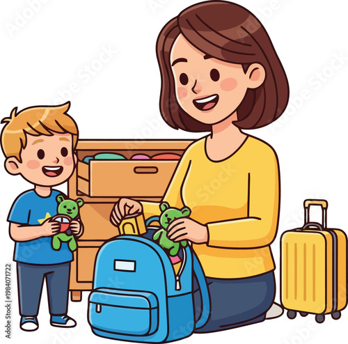 Mother and child preparing for school.