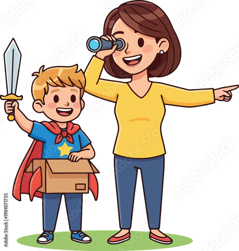 Mother and son playing imaginative games.