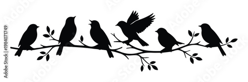 Black bird silhouettes on tree branch vector, group of songbirds sitting on leafy twig, minimalist nature wall art design, avian wildlife illustration