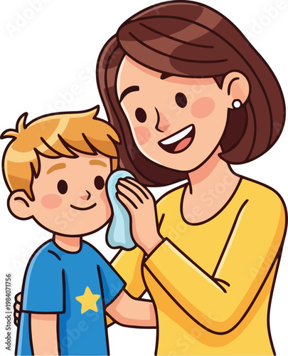 Mother comforting a young boy.