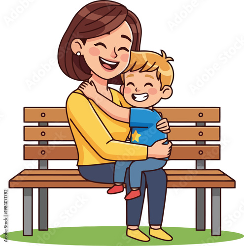 A cartoon woman hugging a little boy on a park bench together happily.