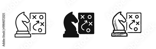 Strategic Business Planning and Tactics Icon Set Featuring Chess Knight and Game Plan Board
