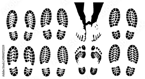 various black footprints and shoe prints with bare feet and grunge texture on white illustrating concepts of tracking and investigation.