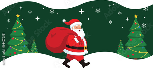 Santa Claus walking with a large red gift sack past decorated Christmas trees in a snowy landscape red sack