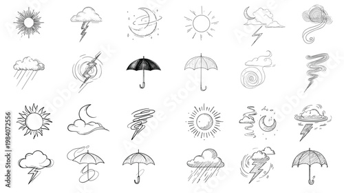 Hand drawn weather icons set featuring sun cloud rain wind storm umbrella and moon symbols in outline style perfect for forecasts apps and seasonal design