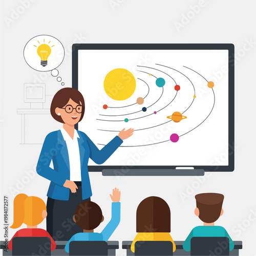 Woman Teacher Explaining Solar System.