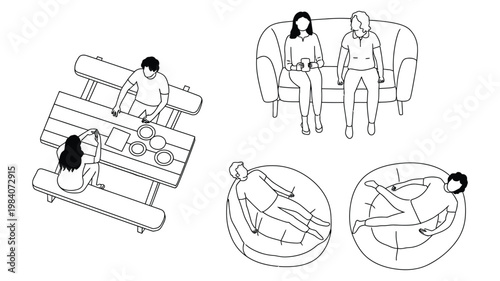 overhead perspective drawing set of people interacting on sofa beanbag and dining table, vector illustration for architecture and interior layout design.