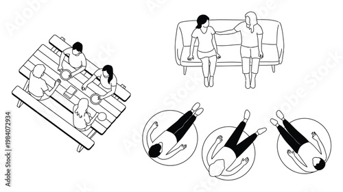 overhead perspective drawing set of people interacting on sofa beanbag and dining table, vector illustration for architecture and interior layout design.