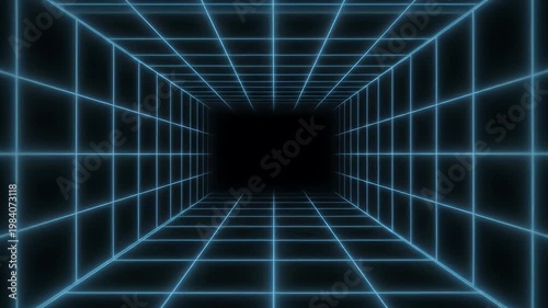 Glowing blue grid tunnel leading into dark cyberspace