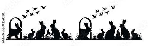 Black rabbit silhouette border with garden bunnies and birds, spring meadow landscape silhouettes, laser cut stencil vector for Easter decor