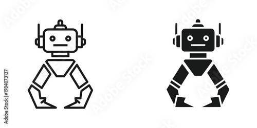 Contrasting robotic figures in a minimalist black and white illustration style.