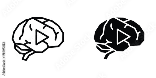 Contrasting brain illustrations with play button overlays representing media or activity triggers