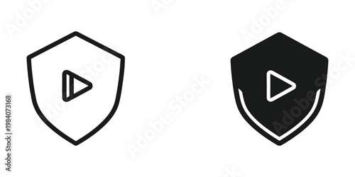 Contrast of video play icons within shield badges in monochrome design