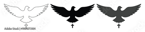 Religious dove silhouette with cross, set of 3 flying bird icons in outline and solid black, spiritual peace and faith vector symbols