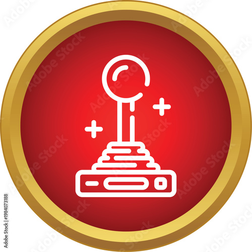 White outline retro arcade joystick icon in a red and gold circle