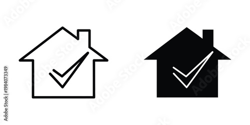 Contrast between outlined and filled house icons with checkmarks inside.