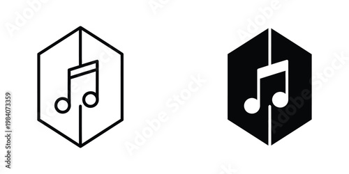 Contrasting musical note icons within hexagonal frames in black and white versions