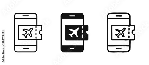 Mobile Flight Ticket Icon Set with Smartphone and Boarding Pass for Travel Booking and Digital Check-in