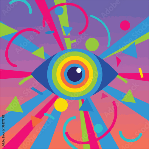 A colorful abstract art piece featuring a stylized eye