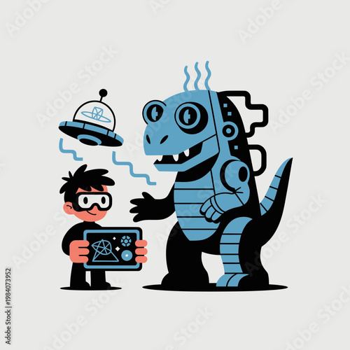 Cartoon boy and robotic dinosaur interact with ufo holding tablet with futuristic design elements