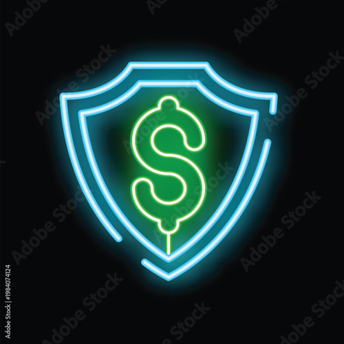 Glowing neon shield protecting dollar sign, a concept for financial security, insurance and safe investments