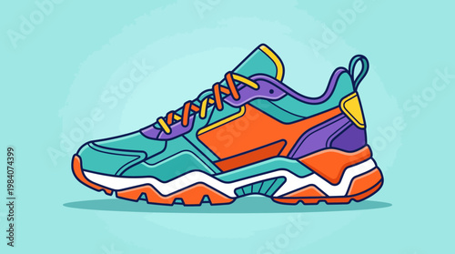 Colorful athletic shoe with laces.