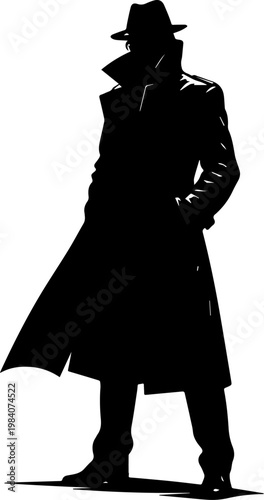 Mysterious Detective Silhouette in Trench Coat and Fedora Hat Noir Style Vector Illustration