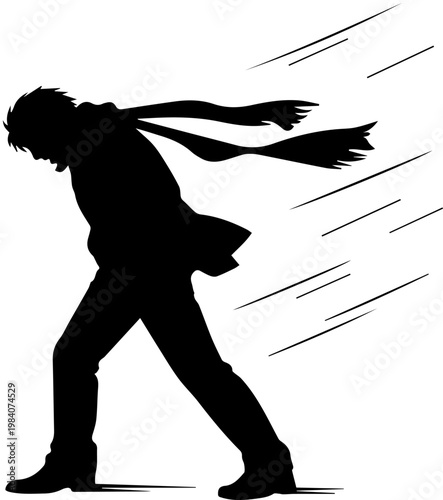Black silhouette of a man walking against a strong wind with his scarf blowing back in a winter storm vector illustration