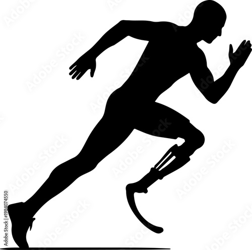 Black Silhouette of a Male Athlete with a Prosthetic Leg Running on White Background