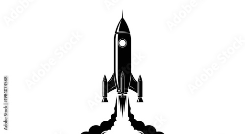 Black and white rocket ship blasting.