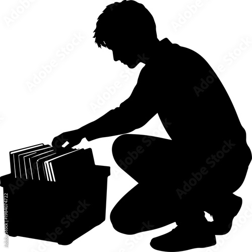 Black silhouette of a man crouching and searching through a crate of vinyl records or file folders