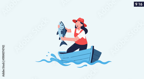 Woman in a small boat happily holding up a large fish caught while sailing on water