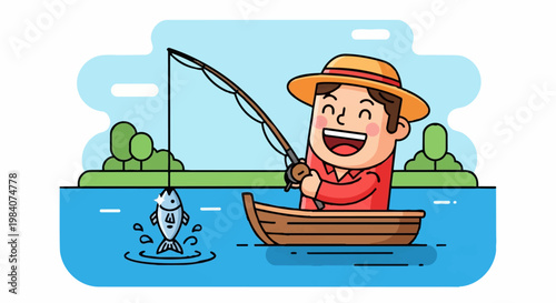 Man in boat catching fish on lake with trees and blue sky background