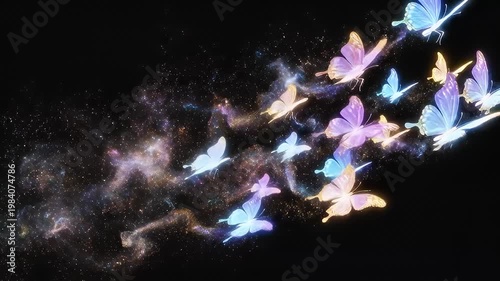 Glowing pastel butterflies flying against a dark black background