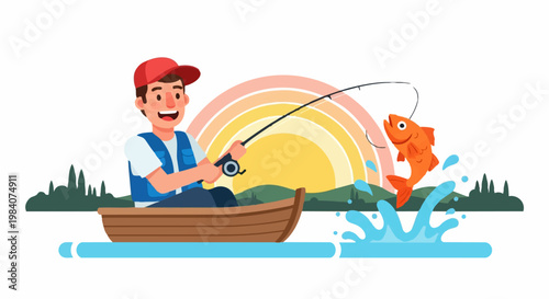 Man in boat catching fish with rainbow and water around him on sunny day outdoors
