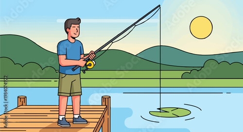 Man fishing on a dock at sunset with rod and reel in serene lake surroundings