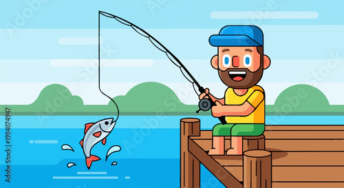 Man catches big fish while fishing on wooden pier near lake with trees