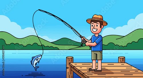 Boy catches fish on lake dock with fishing rod and line on sunny day