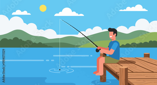 Man sitting on a wooden dock fishing in a serene lake surrounded by green hills