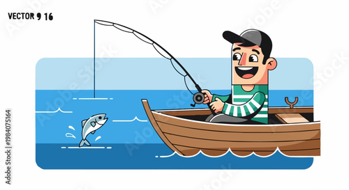 Man in a boat fishing with a large fish jumping out of the water nearby