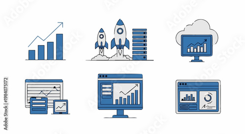 Business growth concept with charts and graphs on computer screens and paper