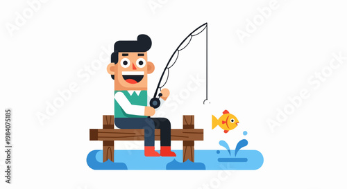 Man sitting on wooden bench fishing with rod near water catching fish