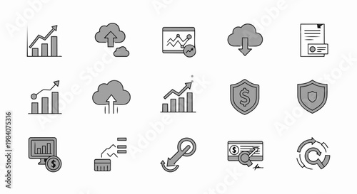 Business icons depicting graphs, charts, and security symbols are shown.