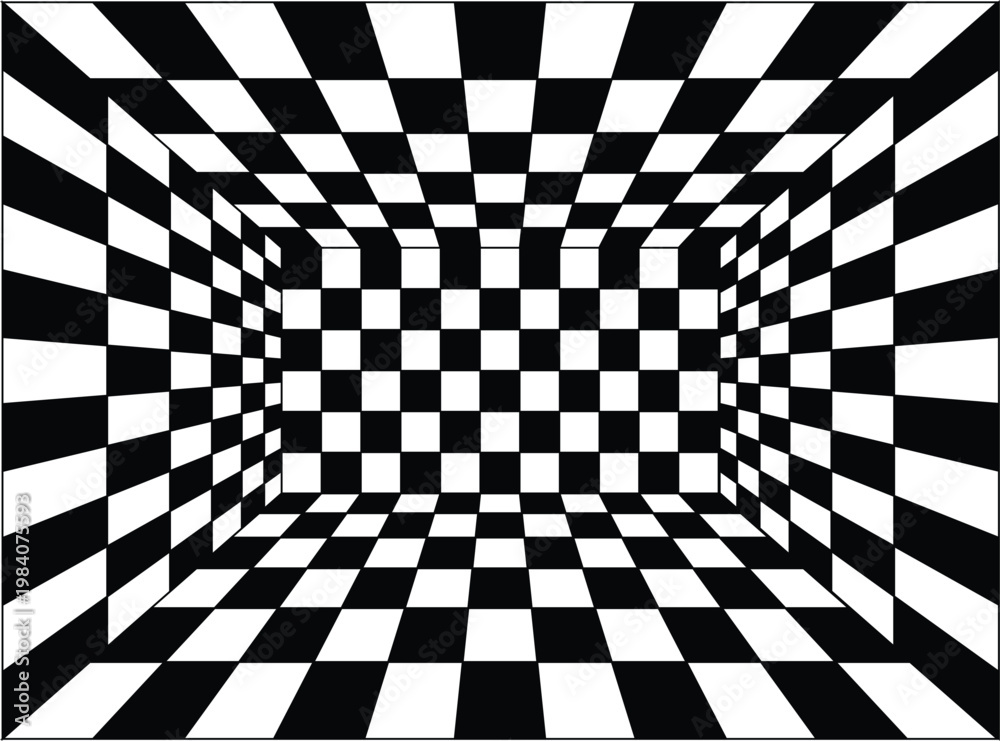 Obraz premium Black and white checkered pattern creating a 3d optical illusion tunnel