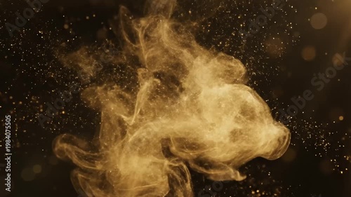 Abstract golden particles burst on dark background with lens flare